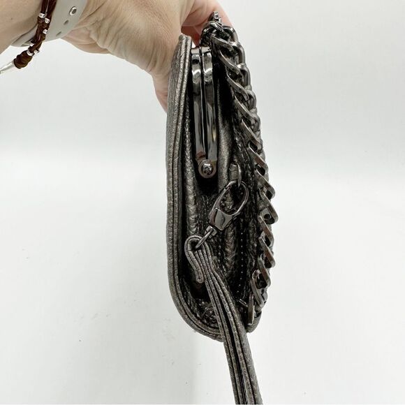 Big-buddha Pewter/Metallic Clutch With Chain Accent Wristlet Vegan Leather‎ - Picture 4 of 11